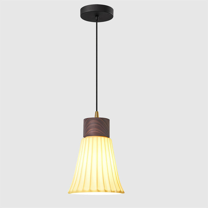 KCO Walnut Ceramic Pendant Light White Striped Glass Ceiling Light (L7214)