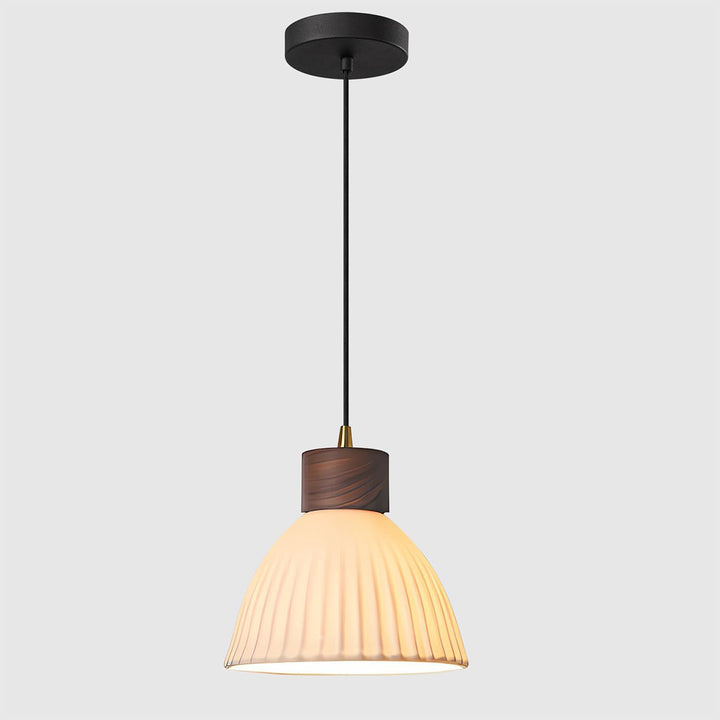 KCO Walnut Ceramic Pendant Light White Striped Glass Ceiling Light (L7214)