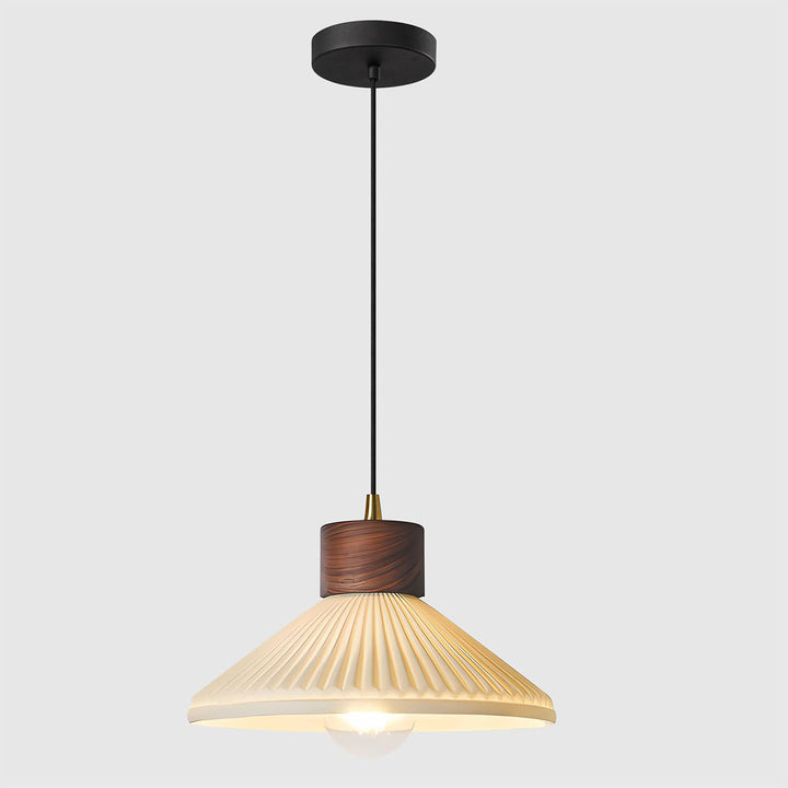 KCO Walnut Ceramic Pendant Light White Striped Glass Ceiling Light (L7214)