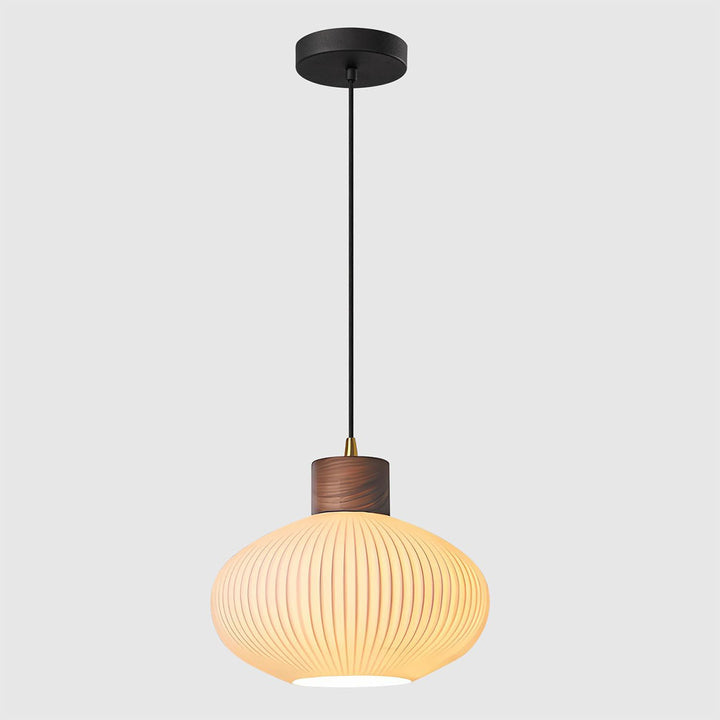 KCO Walnut Ceramic Pendant Light White Striped Glass Ceiling Light (L7214)