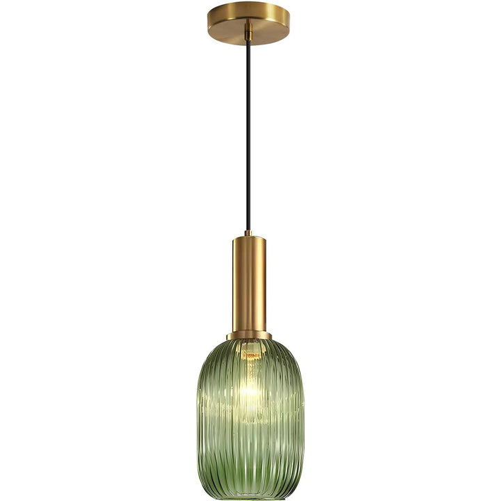 KCO Green Ribbed Glass Pendant Light Small Antique Brass Ceiling Pendant Light Mid Century Modern Hanging Light Fixture (L7186)