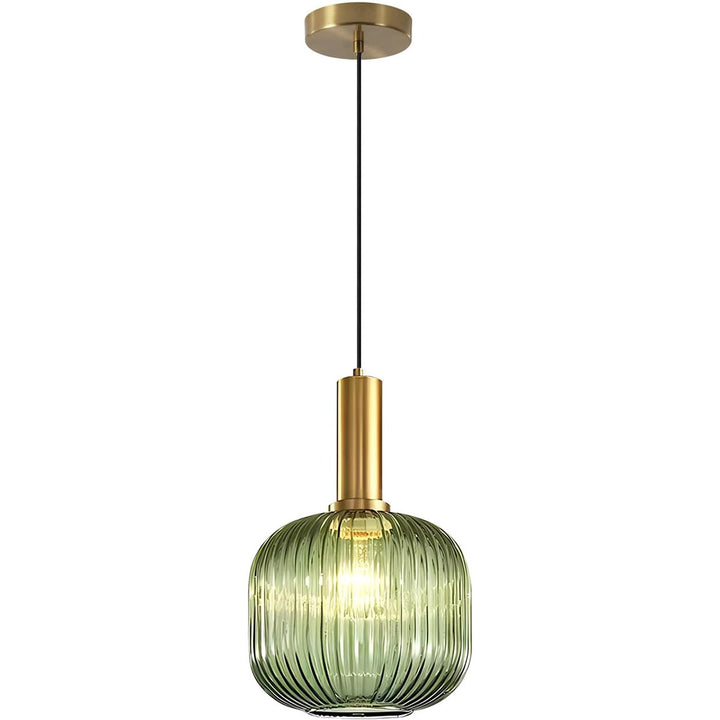 KCO Vintage Green Glass Pendant Light Farmhouse Ribbed Glass Pendant Lighting Brass Gold Single Ceiling Hanging Light (L7187)