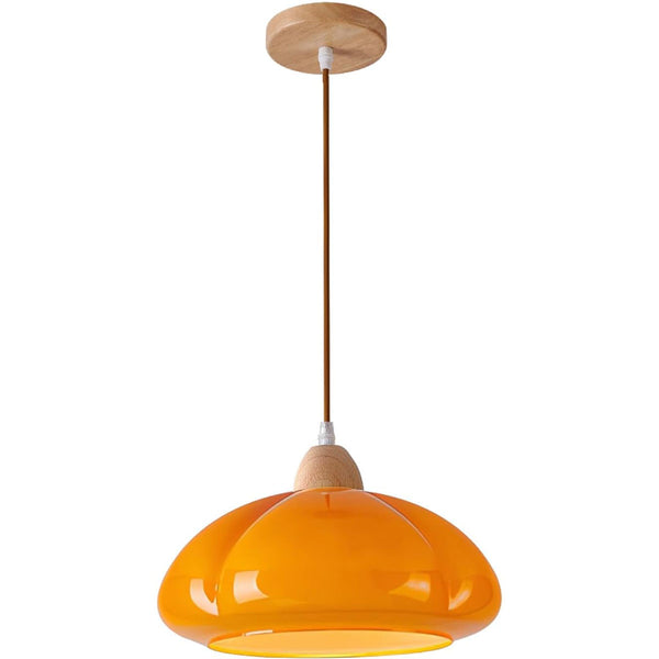 KCO Modern Orange Glass Pendant Light Minimalist Wood Kitchen Island Pendant Chandelier for Dining Room Bedroom Hallway (L7188)