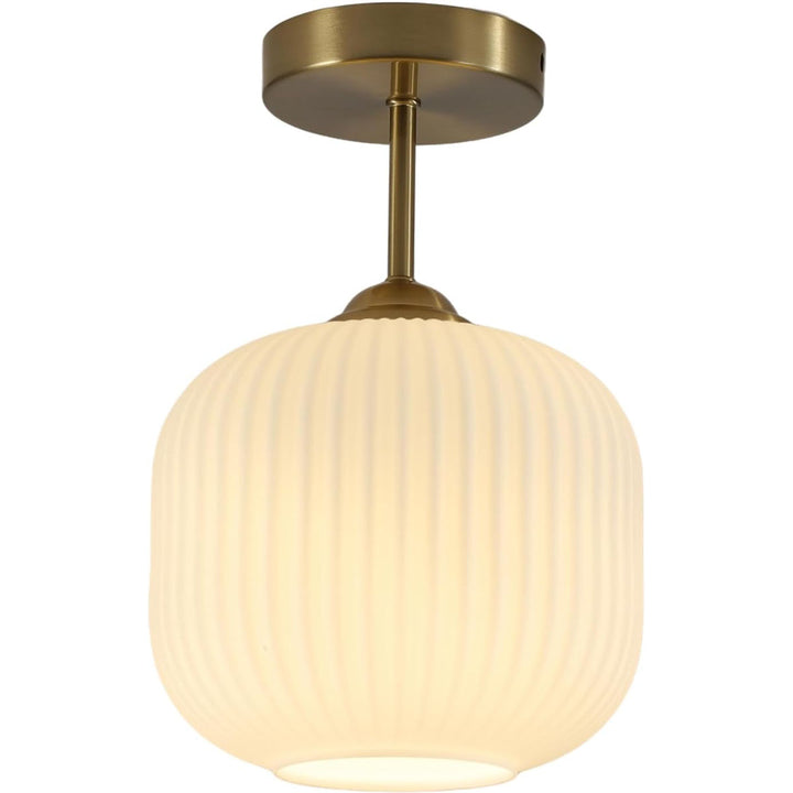 KCO Mid Century Modern Semi Flush Mount Ceiling Light Vintage Ribbed Glass Ceiling Light Antique Brass Flush Mount Ceiling Light (C9052)