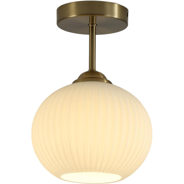 KCO Mid Century Modern Semi Flush Mount Ceiling Light Vintage Ribbed Glass Ceiling Light Antique Brass Flush Mount Ceiling Light (C9052)