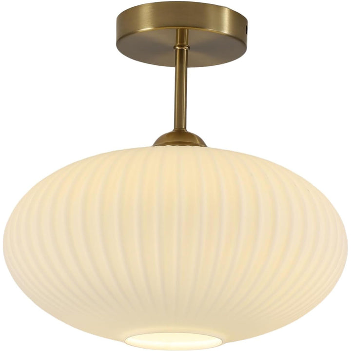 KCO Mid Century Modern Semi Flush Mount Ceiling Light Vintage Ribbed Glass Ceiling Light Antique Brass Flush Mount Ceiling Light (C9052)