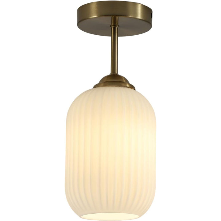 KCO Mid Century Modern Semi Flush Mount Ceiling Light Vintage Ribbed Glass Ceiling Light Antique Brass Flush Mount Ceiling Light (C9052)