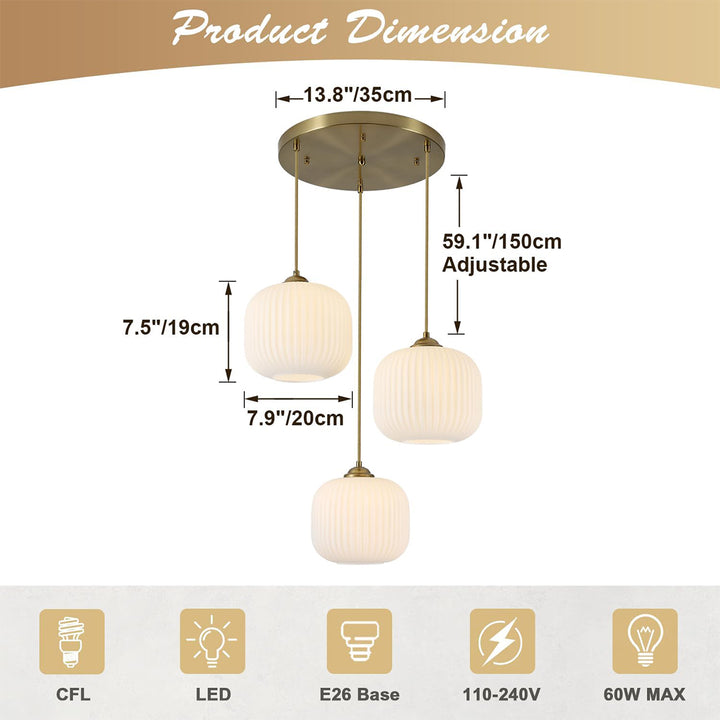 KCO 3-Light Gold Cluster Pendant Light Milk Glass Chandelier (L7209)