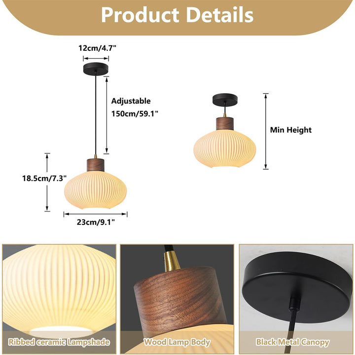 KCO Walnut Ceramic Pendant Light White Striped Glass Ceiling Light (L7214)