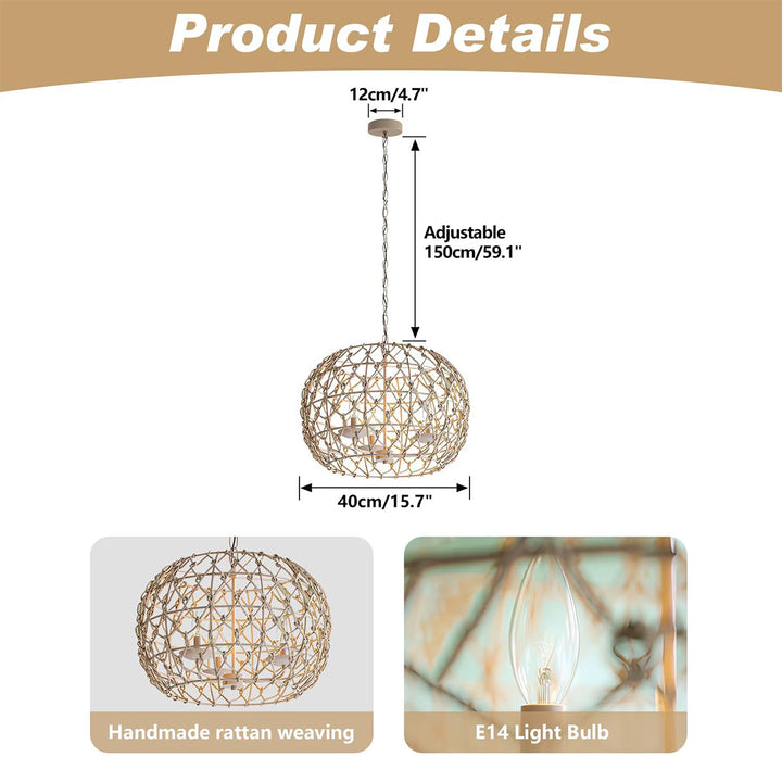 KCO Large Boho Rattan Chandelier Light Fixture Coastal Hemp Rope Pendant Lighting (L7185)