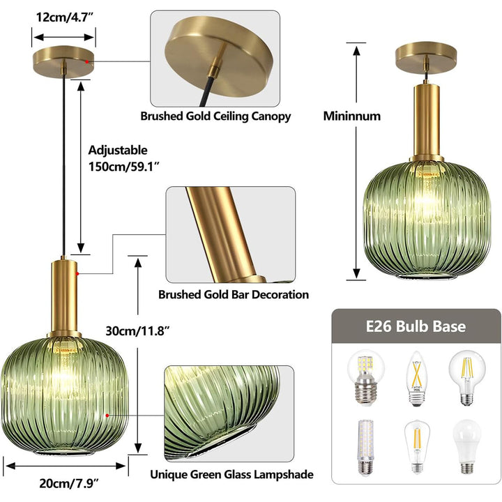 KCO Vintage Green Glass Pendant Light Farmhouse Ribbed Glass Pendant Lighting Brass Gold Single Ceiling Hanging Light (L7187)