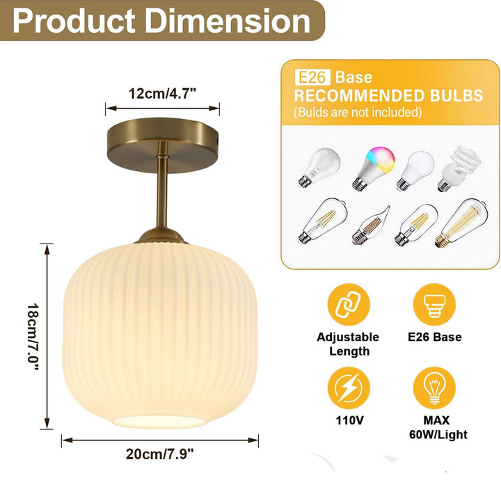 KCO Mid Century Modern Semi Flush Mount Ceiling Light Vintage Ribbed Glass Ceiling Light Antique Brass Flush Mount Ceiling Light (C9052)