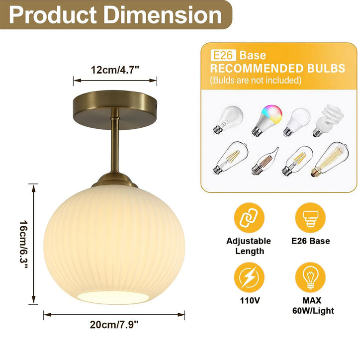 KCO Mid Century Modern Semi Flush Mount Ceiling Light Vintage Ribbed Glass Ceiling Light Antique Brass Flush Mount Ceiling Light (C9052)