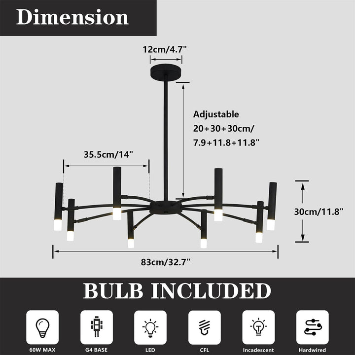 KCO Modern LED Sputnik Chandelier Matte Black Chandelier Light Fixture Farmhouse Kitchen Light (L7193)