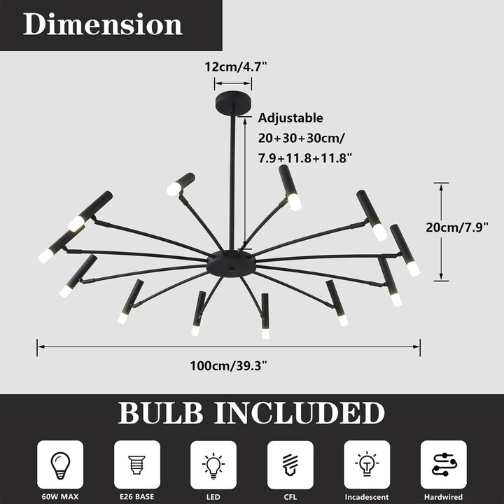 KCO Modern LED Sputnik Chandelier Matte Black Chandelier Light Fixture Farmhouse Kitchen Light (L7193)