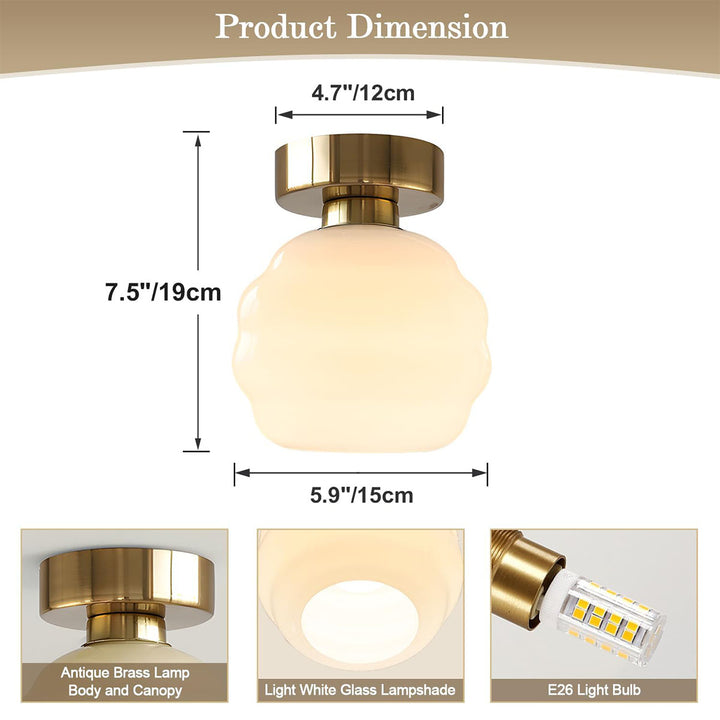 KCO Milk Glass Flush Mount Ceiling Light Brushed Gold Semi Flush Mount Ceiling Light Small Brass Globe Ceiling Light Fixture (C9053)