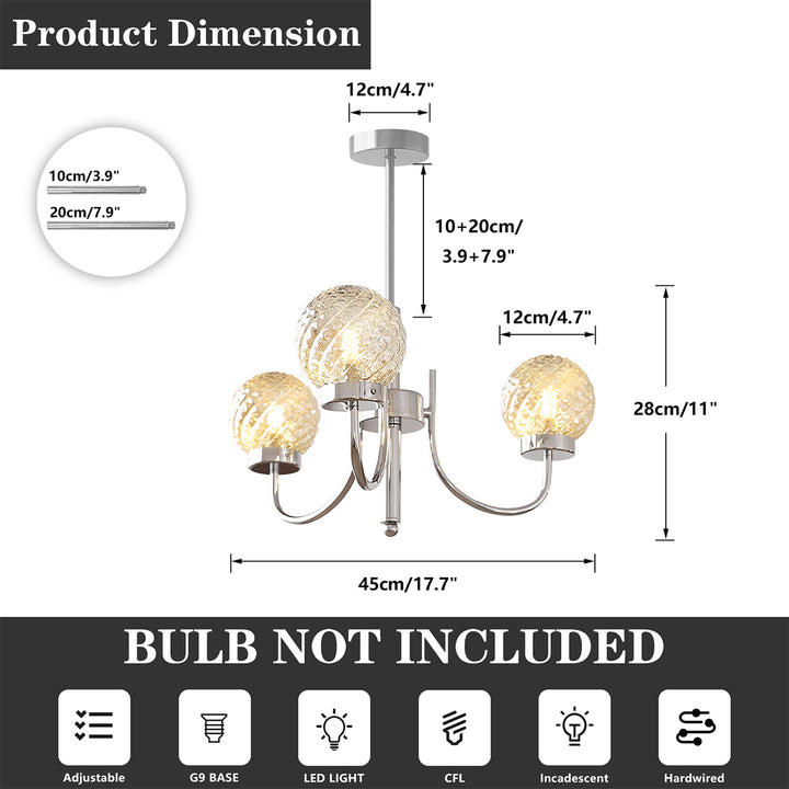 KCO Modern Glass Globe Sputnik Chandelier 3-Light Chandelier Brushed Nickel Industrial Iron Ceiling Light Fixture (L7195)