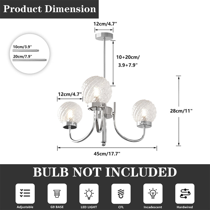 KCO Modern Glass Globe Sputnik Chandelier 3-Light Chandelier Brushed Nickel Industrial Iron Ceiling Light Fixture (L7195)