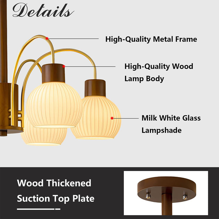 KCO 6-Light Large Milk Glass Globe Pendant Light Rustic Wood Chandelier (L7179)