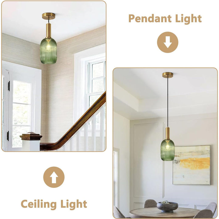 KCO Green Ribbed Glass Pendant Light Small Antique Brass Ceiling Pendant Light Mid Century Modern Hanging Light Fixture (L7186)