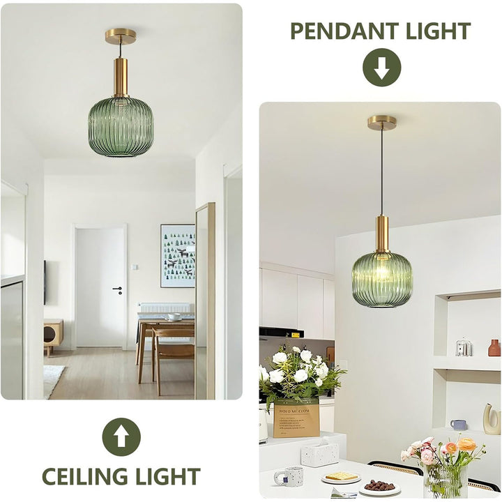 KCO Vintage Green Glass Pendant Light Farmhouse Ribbed Glass Pendant Lighting Brass Gold Single Ceiling Hanging Light (L7187)