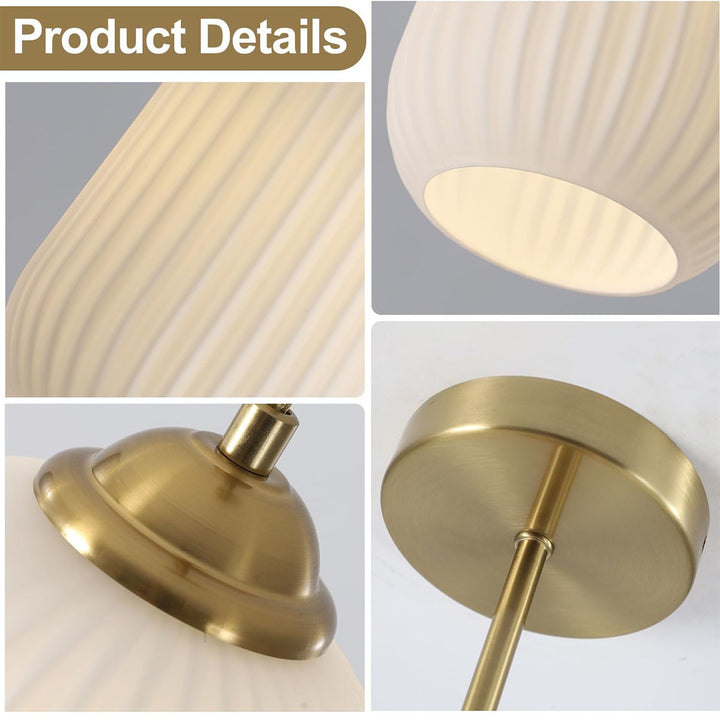 KCO Mid Century Modern Semi Flush Mount Ceiling Light Vintage Ribbed Glass Ceiling Light Antique Brass Flush Mount Ceiling Light (C9052)