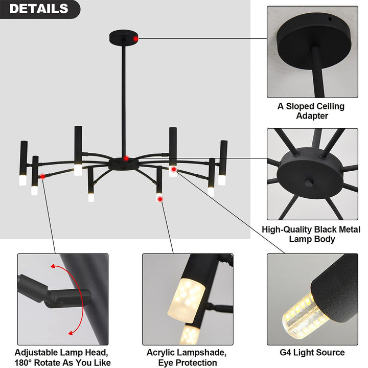 KCO Modern LED Sputnik Chandelier Matte Black Chandelier Light Fixture Farmhouse Kitchen Light (L7193)