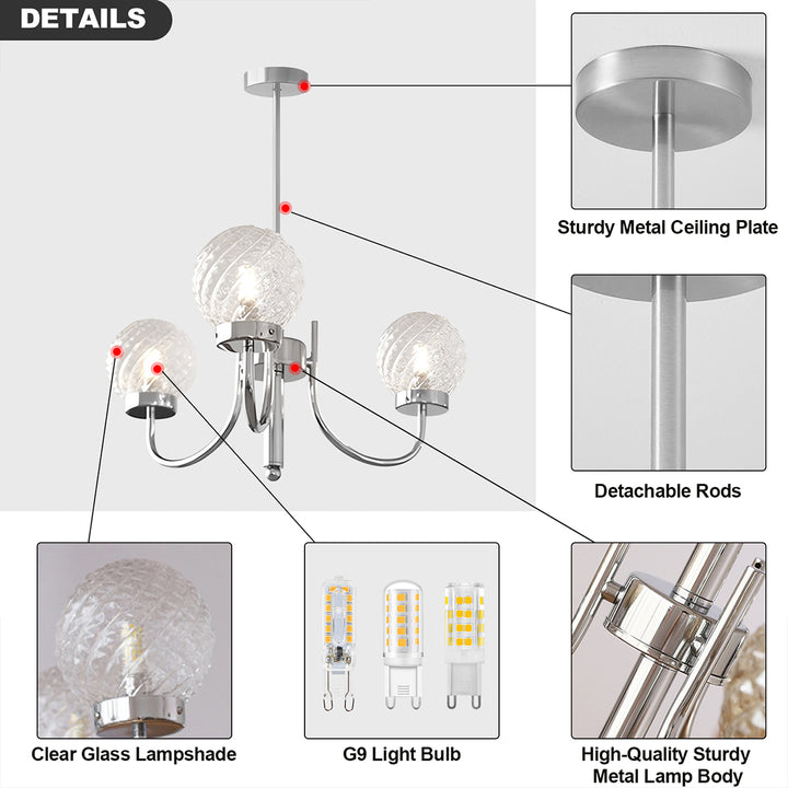 KCO Modern Glass Globe Sputnik Chandelier 3-Light Chandelier Brushed Nickel Industrial Iron Ceiling Light Fixture (L7195)