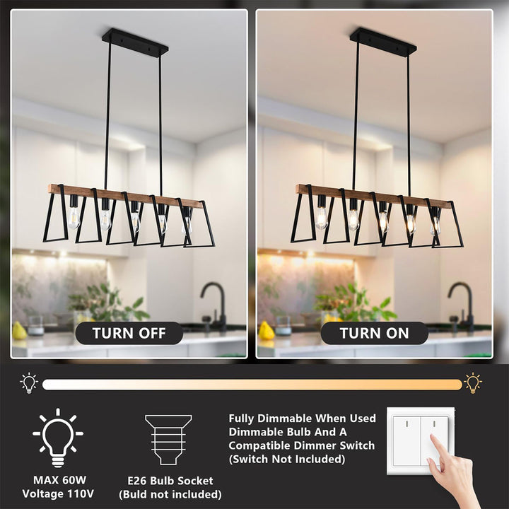 KCO 5-Light Linear Kitchen Island Lighting Fixture Industrial Wooden Hanging Pendant Light(L7177)