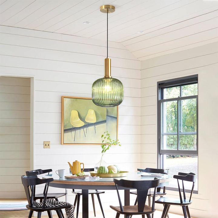 KCO Vintage Green Glass Pendant Light Farmhouse Ribbed Glass Pendant Lighting Brass Gold Single Ceiling Hanging Light (L7187)