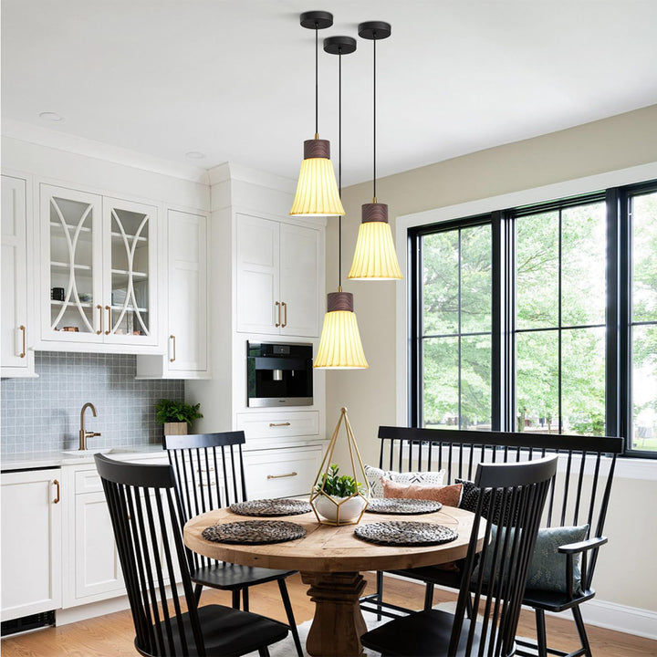 KCO Walnut Ceramic Pendant Light White Striped Glass Ceiling Light (L7214)