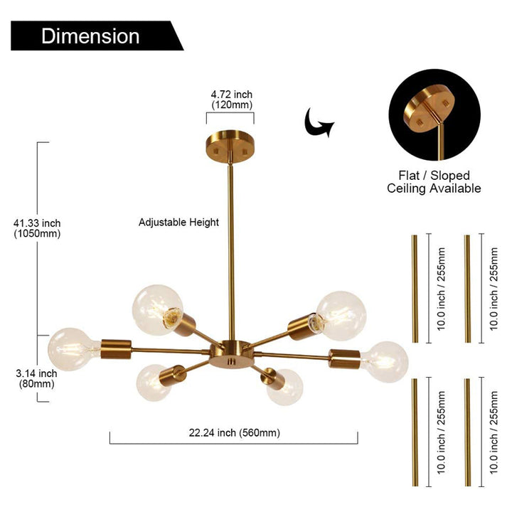 KCO Lighting Modern Sputnik Chandelier 6 Lights Brass Chandelier