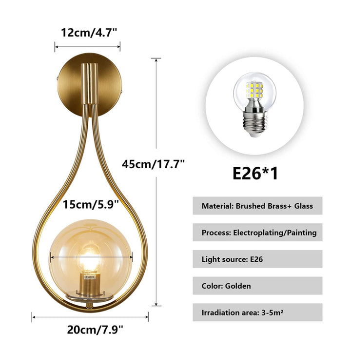 KCO Glass Globe Wall Mounted Sconce Gold Teardrop Wall Lamp (W8051)